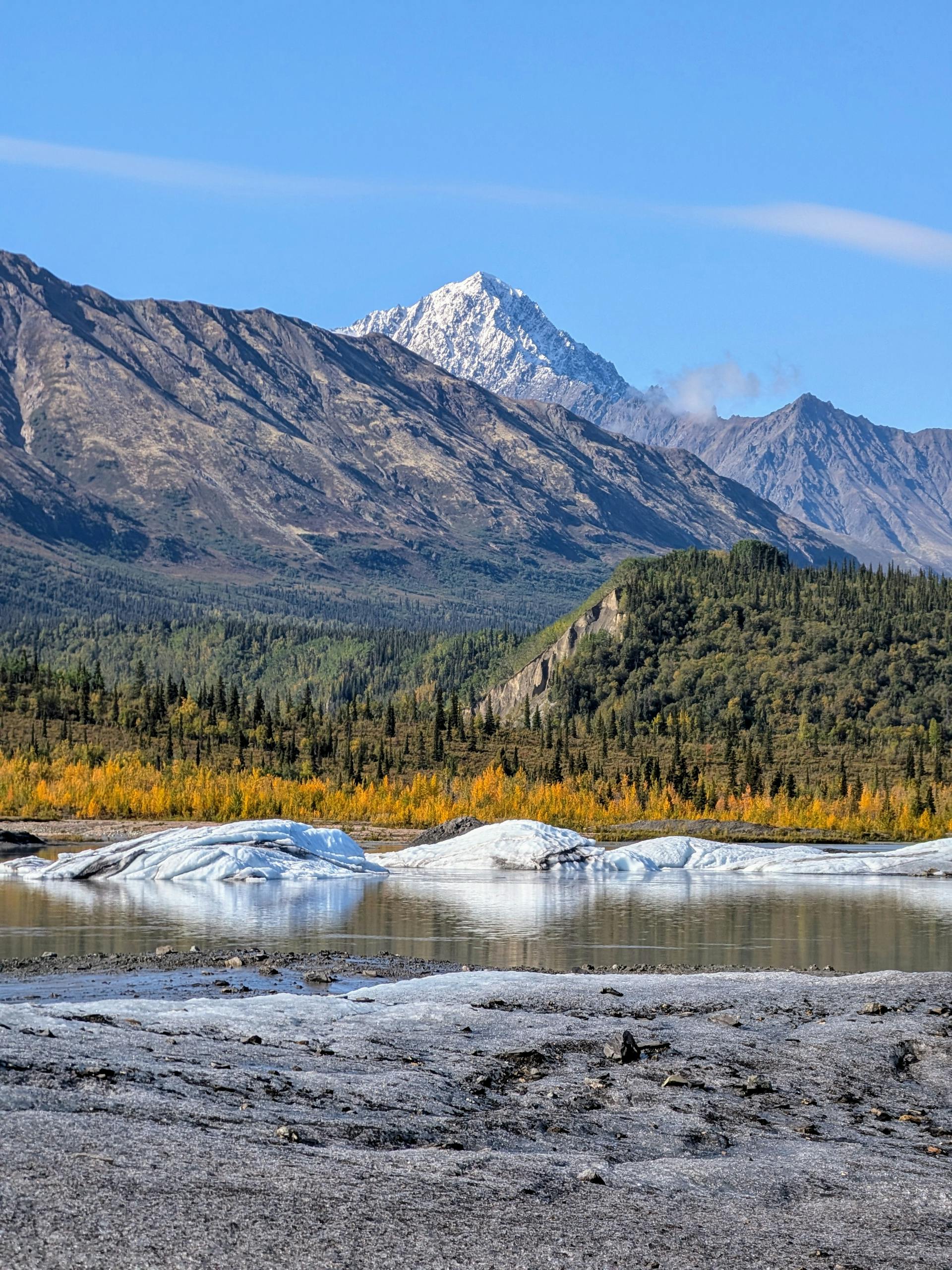 Breathtaking view of snow-capped mountains, lush forest, and vibrant foliage reflected in calm water.