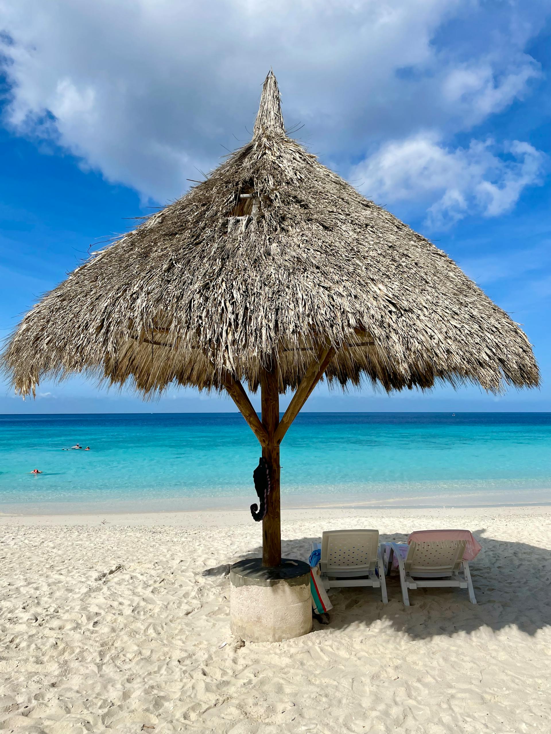 Serene beach scene featuring a thatched hut and turquoise waters, perfect for relaxing under the sun.