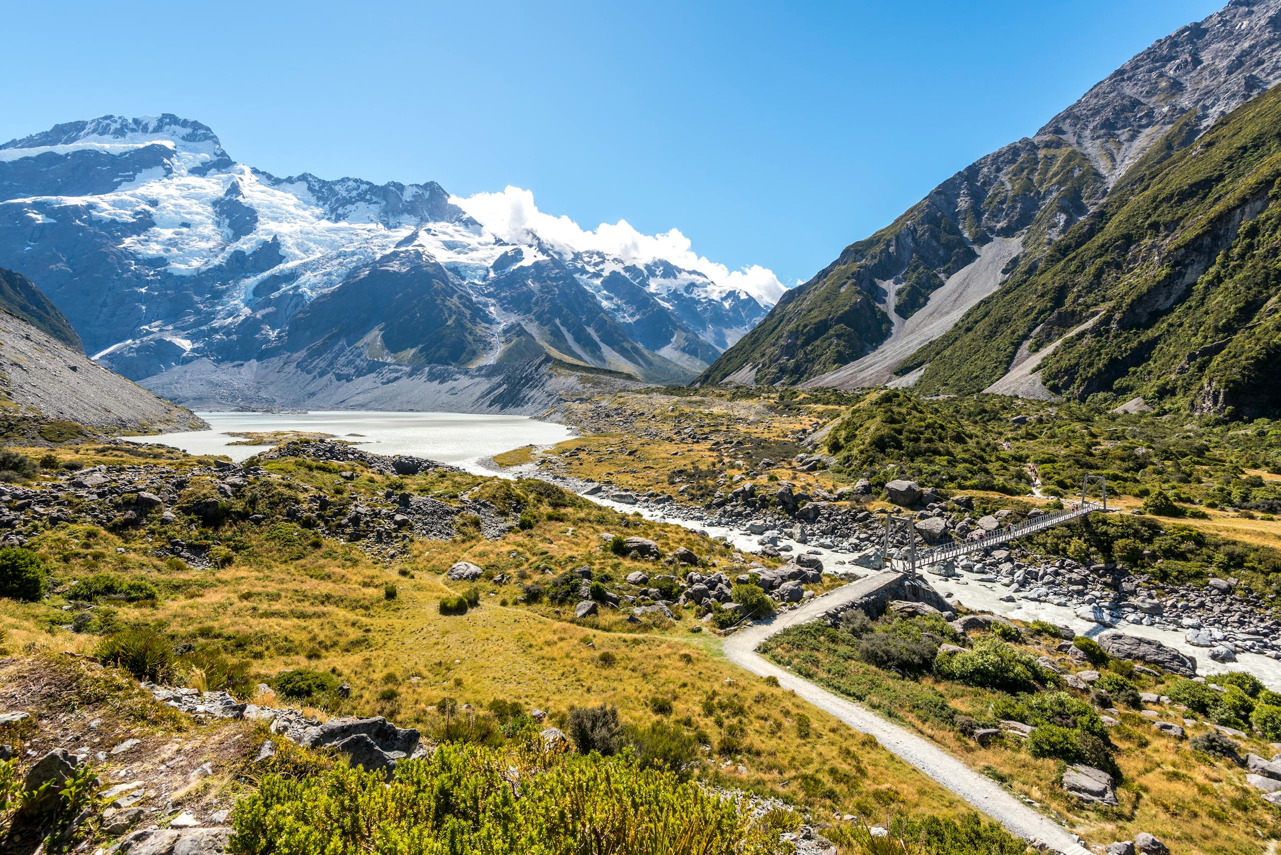 Stunning view of snow-capped mountains, glacier, and lush valley, perfect for nature photography enthusiasts.