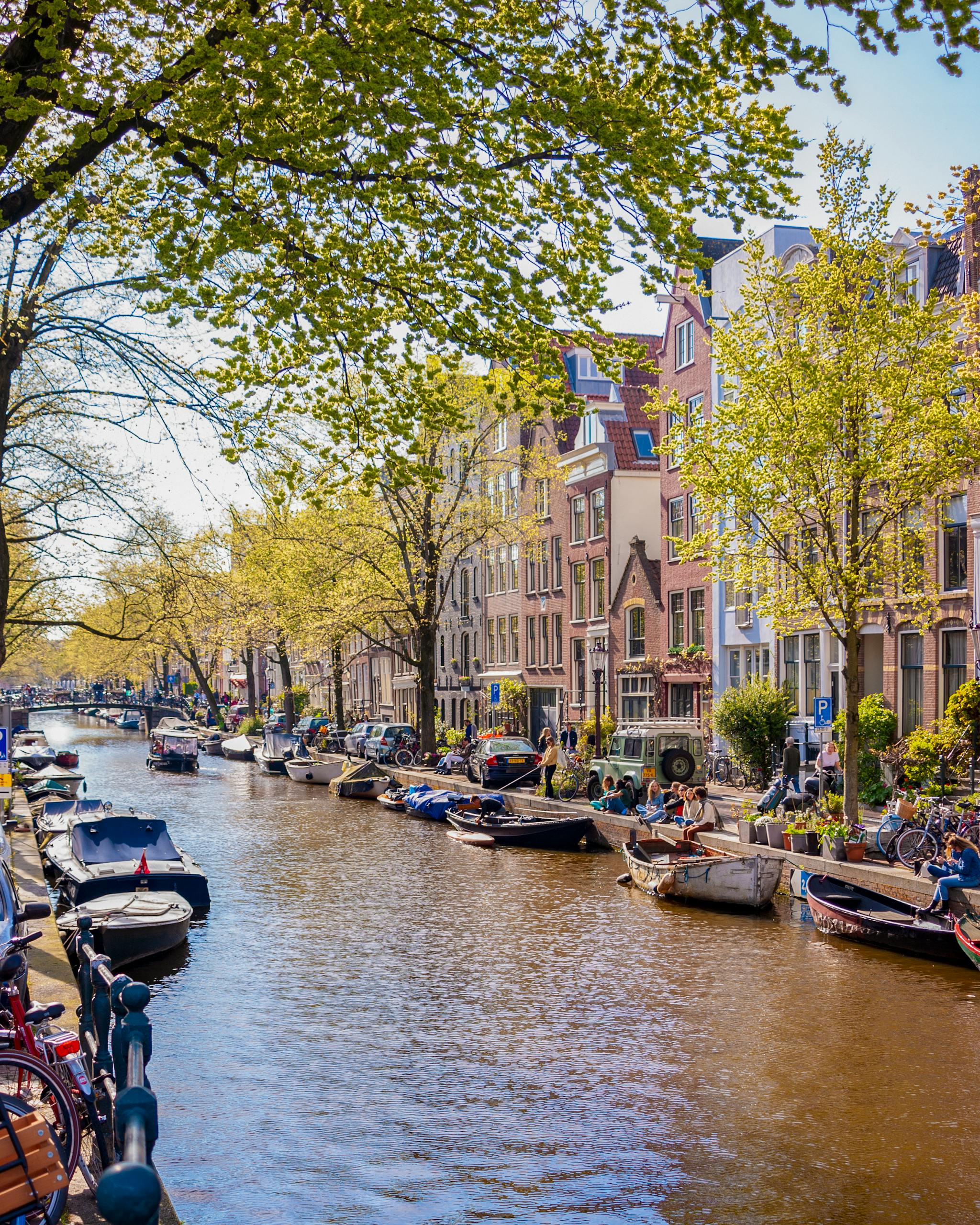 View of a picturesque Amsterdam canal lined with boats and classic architecture under sunny skies.