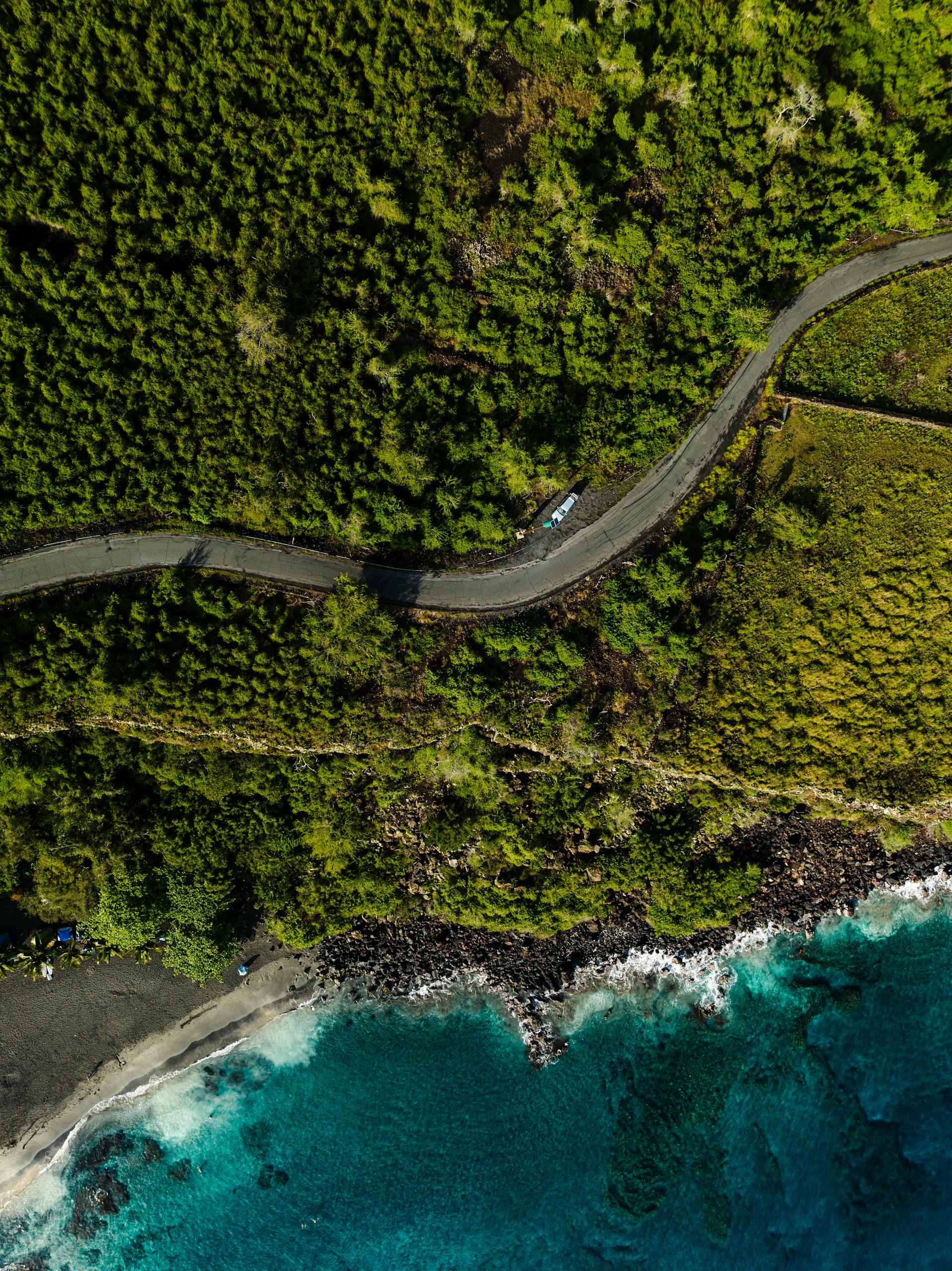 A stunning aerial view of Honaunau coastline with lush greenery and blue ocean.
